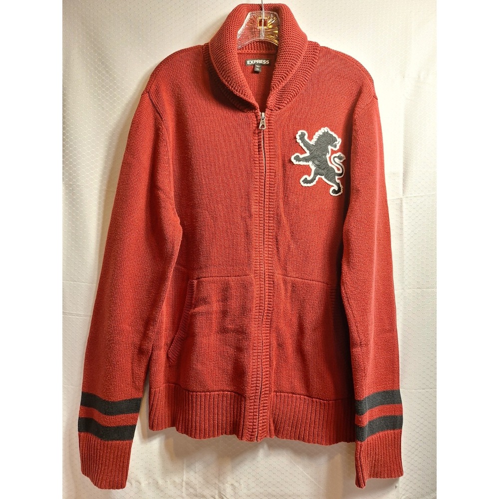 EXPRESS Full Zip Sweater Sz XL Red Black Lion Logo Preppy Academia Casual EUC!